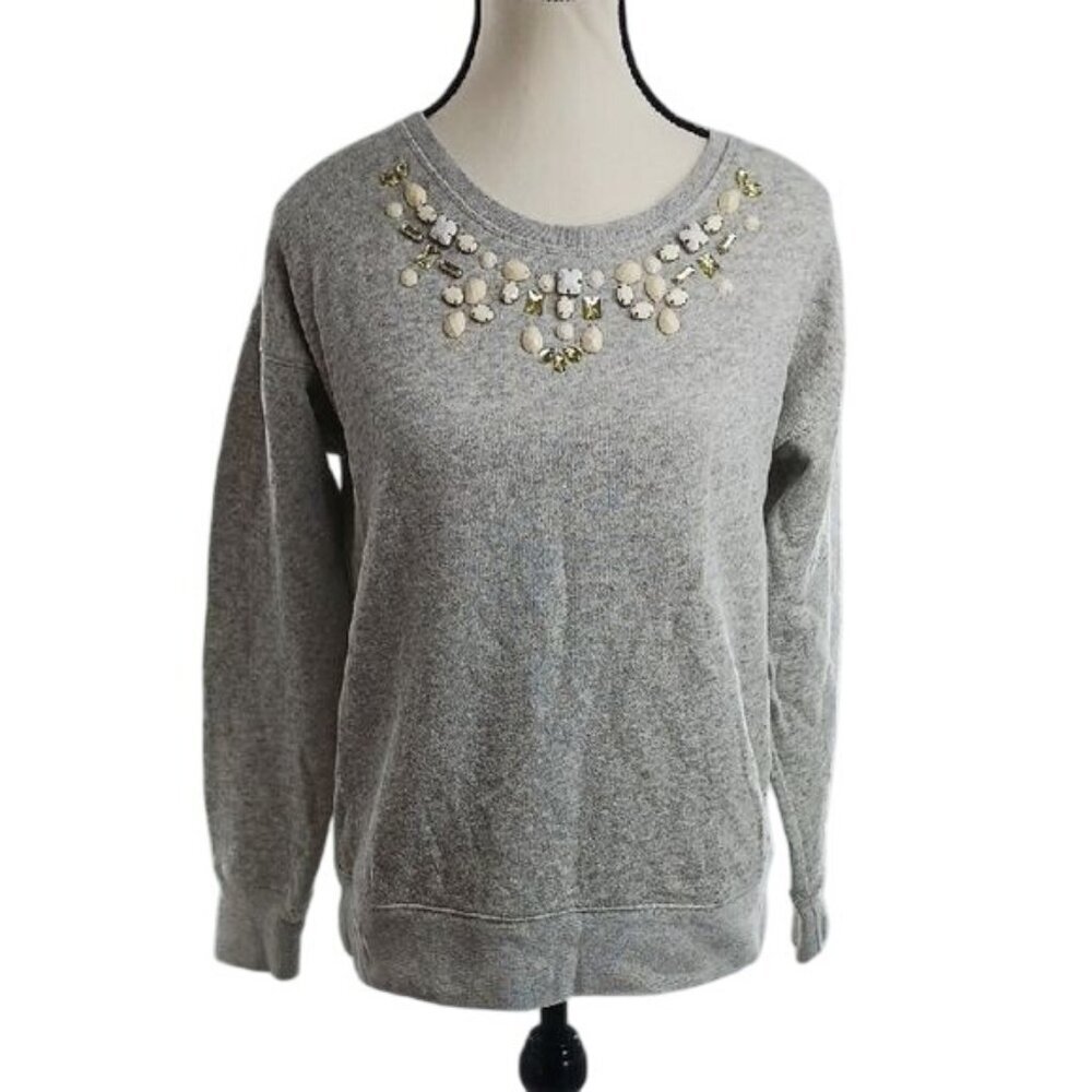 Ann Taylor Womens Sweater Embellished Beaded Neck Pullover Gray Size S